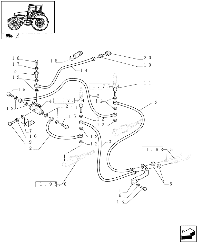 Схема запчастей Case IH FARMALL 85U - (1.68.5/02) - FRONT AXLE WITH DIFFERENTIAL LOCK AND BRAKES - BRACKETS, PIPES (VAR.330415) (05) - REAR AXLE