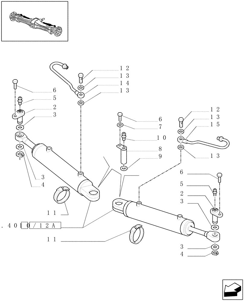 Схема запчастей Case IH MXM120 - (1.40.0/12[01]) - 4WD FRONT AXLE - HYDRAULIC CYLINDER (04) - FRONT AXLE & STEERING