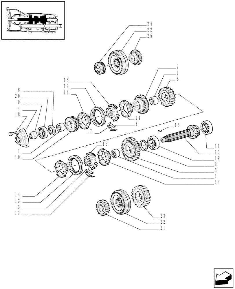 Схема запчастей Case IH JX80 - (1.28.1[02]) - GEARBOX GEARING - SYNCH. AND DRIVEN SHAFT (03) - TRANSMISSION