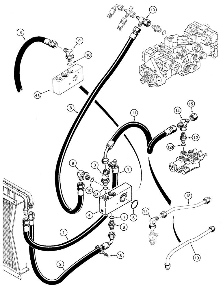 Схема запчастей Case IH 1835C - (8-28) - LOADER AND HYDROSTATIC DRIVE HYDRAULIC CIRCUIT RETURN LINES TO CHECK VALVE MANIFOLD AND OIL COOLER (08) - HYDRAULICS