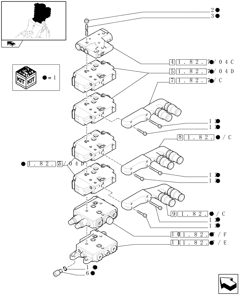 Схема запчастей Case IH PUMA 140 - (1.82.7/05[03]) - 4 ELECTROHYDRAULIC REAR REMOTE CONTROL VALVES (EHS1) - VALVE SECTIONS AND QUICK COUPLERS (VAR.330862-338851) (07) - HYDRAULIC SYSTEM