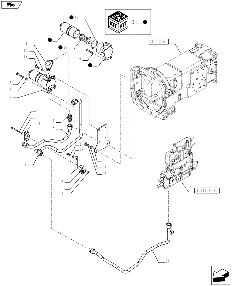 Схема запчастей Case IH FARMALL 75C - (21.104.01[02]) - HYDRAULIC GEAR BOX CONTROLS (POWER SHUTTLE 12X12 GROUND SPEED) - OIL FILTER AND PIPES - ISO (VAR.331069 / 743557) (21) - TRANSMISSION