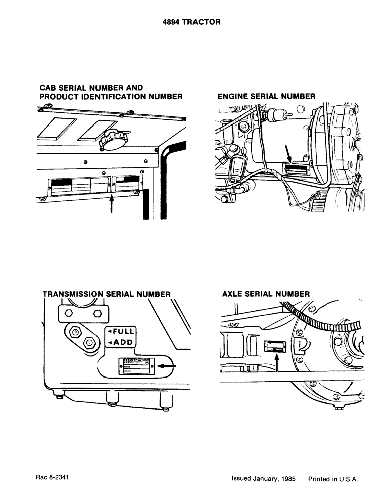 Схема запчастей Case IH 4894 - (1-04) - CAB SERIAL NO. AND PRODUCT ID NO., ENGINE SERIAL NO., AND TRANSMISSION SERIAL NO., AXLE SERIAL NO. (00) - PICTORIAL INDEX