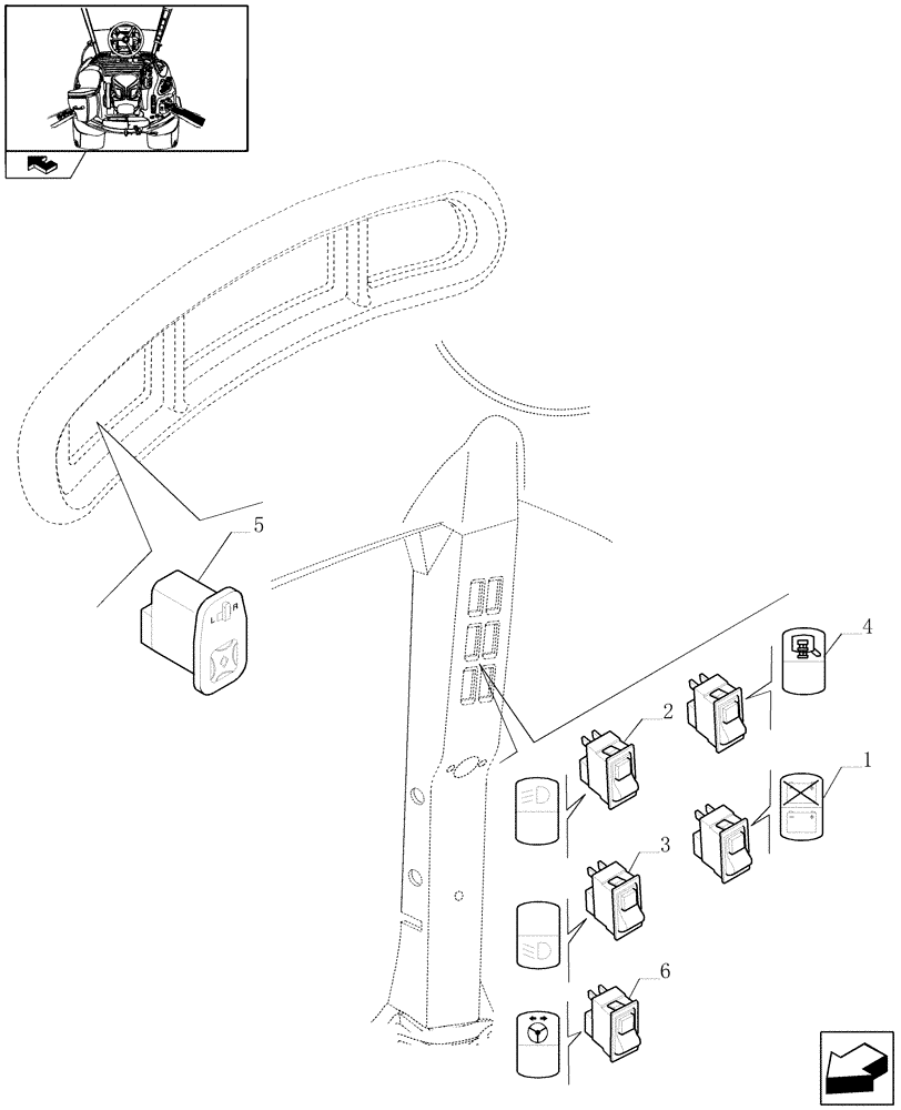 Схема запчастей Case IH MAXXUM 110 - (1.75.1/06) - SWITCH AND RELATED PARTS - EXTERNAL MIRRORS, WORK LIGHTS AND BATTERY ISOLATOR (06) - ELECTRICAL SYSTEMS