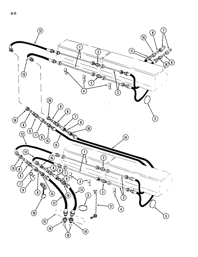 Схема запчастей Case IH 310 - (8-06) - HYDRAULIC CONNECTIONS, FROM TRACTOR TO CYLINDER OF THIRD MACHINE, PRIOR TO 1982 SEASON (08) - HYDRAULICS