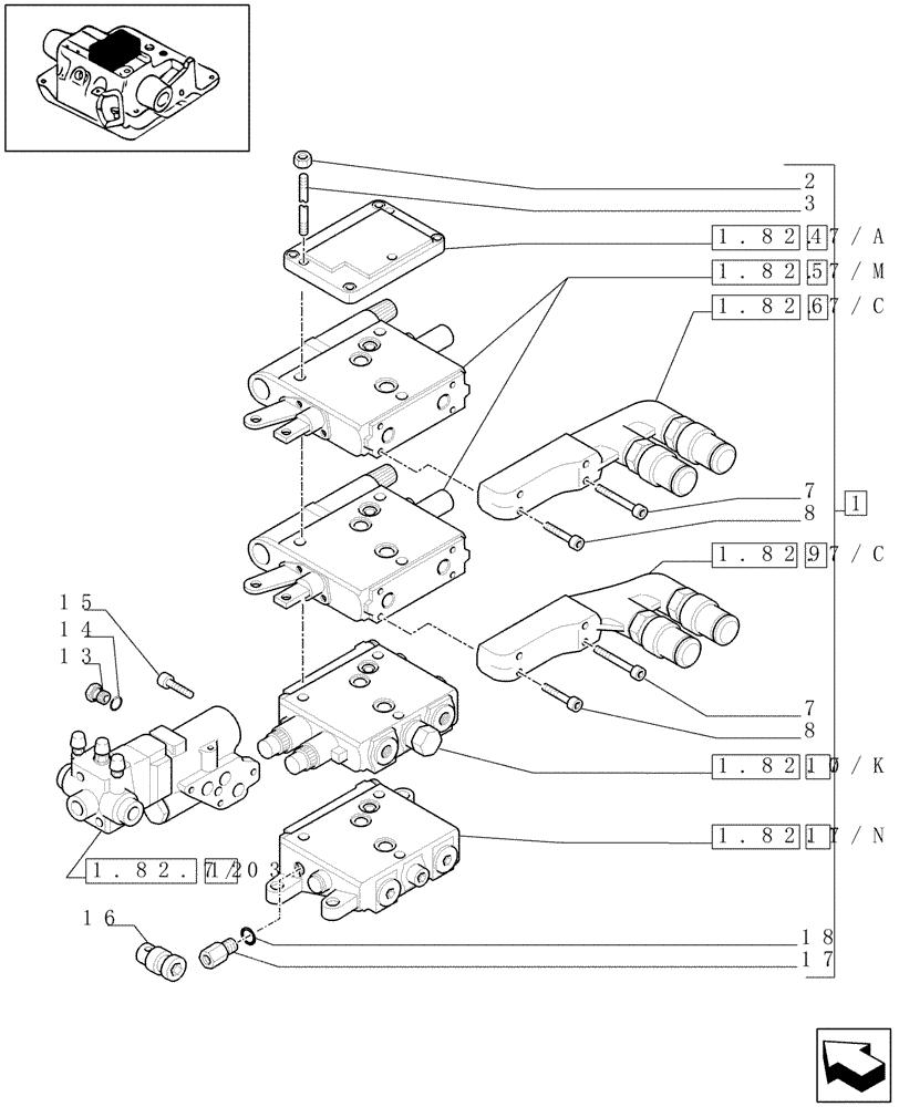 Схема запчастей Case IH MXU135 - (1.82.7/13[05]) - (VAR.259/1) 2 CCLS (EDC) CONTROL VALVES WITH TRAILER BRAKE VALVE (ITALY) AND ASSOCIATED PARTS - D5504 (07) - HYDRAULIC SYSTEM