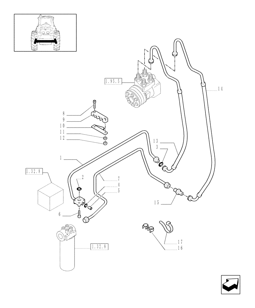 Схема запчастей Case IH MXU110 - (1.42.0[04]) - POWER STEERING DELIVERY AND RETURN PIPES (04) - FRONT AXLE & STEERING