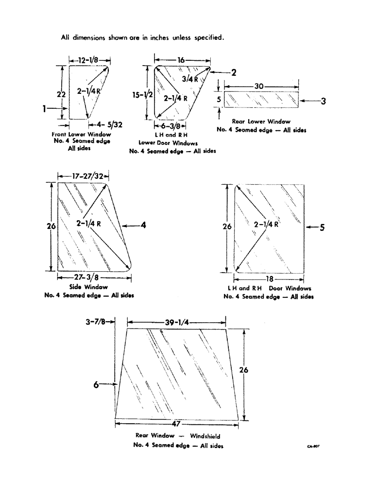 Схема запчастей Case IH 826 - (13-22) - SUPERSTRUCTURE, TRACTOR CAB GLASS DIMENSIONS (05) - SUPERSTRUCTURE