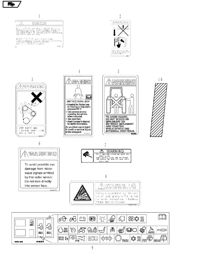 Схема запчастей Case IH MAGNUM 190 - (90.108.01[04]) - DECALS, WARNING (90) - PLATFORM, CAB, BODYWORK AND DECALS