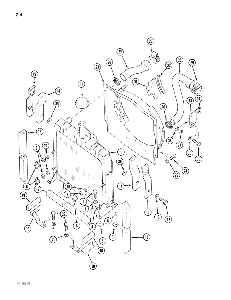 Схема запчастей Case IH 395 - (2-004) - RADIATOR AND CONNECTIONS, TWO WHEEL DRIVE TRACTOR (02) - ENGINE