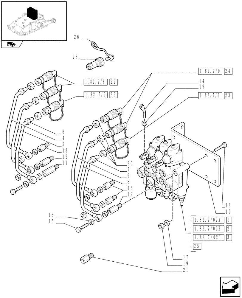 Схема запчастей Case IH FARMALL 60 - (1.82.7/03[01]) - 3 CONTROL VALVES - CONTROL VALVES AND QUICK COUPLINGS (VAR.335054-335085-335103) (07) - HYDRAULIC SYSTEM