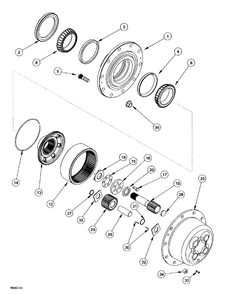 Схема запчастей Case IH MX220 - (5-054) - FRONT AXLE PLANETARIES AND HUB, M.F.D., MX220 (05) - STEERING