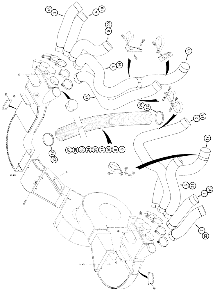 Схема запчастей Case IH 2155 - (9C-36) - AIR DUCTS AND HOSES, 4 ROW WIDE AND 5 ROW NARROW (15) - HANDLING SYSTEM