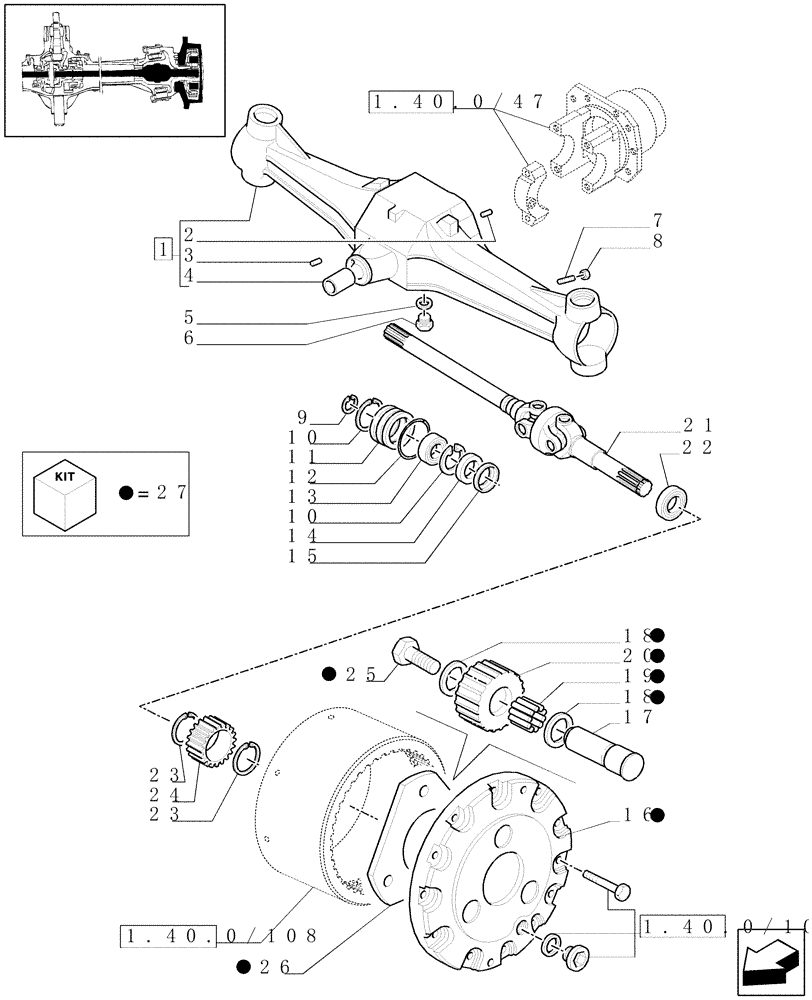 Схема запчастей Case IH JX80U - (1.40.0/14[01A]) - (VAR.415) FRONT AXLE CL. 2/BRAKE, FRONT MUDGARD HYDR. DIFF. LOCK. HYDR. TRANSM. - FRONT AXLE - D4998 (04) - FRONT AXLE & STEERING