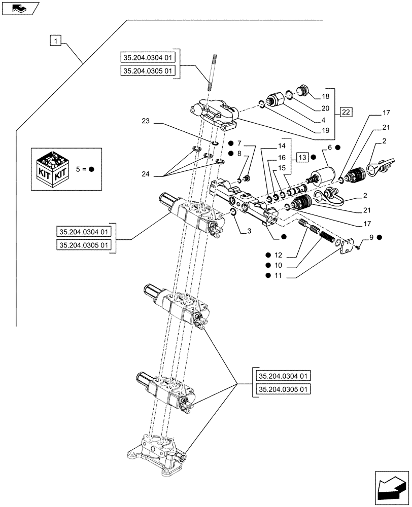 Схема запчастей Case IH FARMALL 65C - (88.035.05[02]) - DIA KIT - 1 DIVERTER FOR 3 REMOTES - CONTROL VALVES AND QUICK COUPLERS - ISO (88) - ACCESSORIES