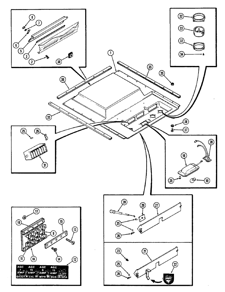 Схема запчастей Case IH 2470 - (496) - CAB, HEADLINER AND LOUVERS, WITH SNAP-ON TYPE FUSE BLOCK TERMINALS, PRIOR TO CAB SERIAL NO. 7844980 (09) - CHASSIS/ATTACHMENTS