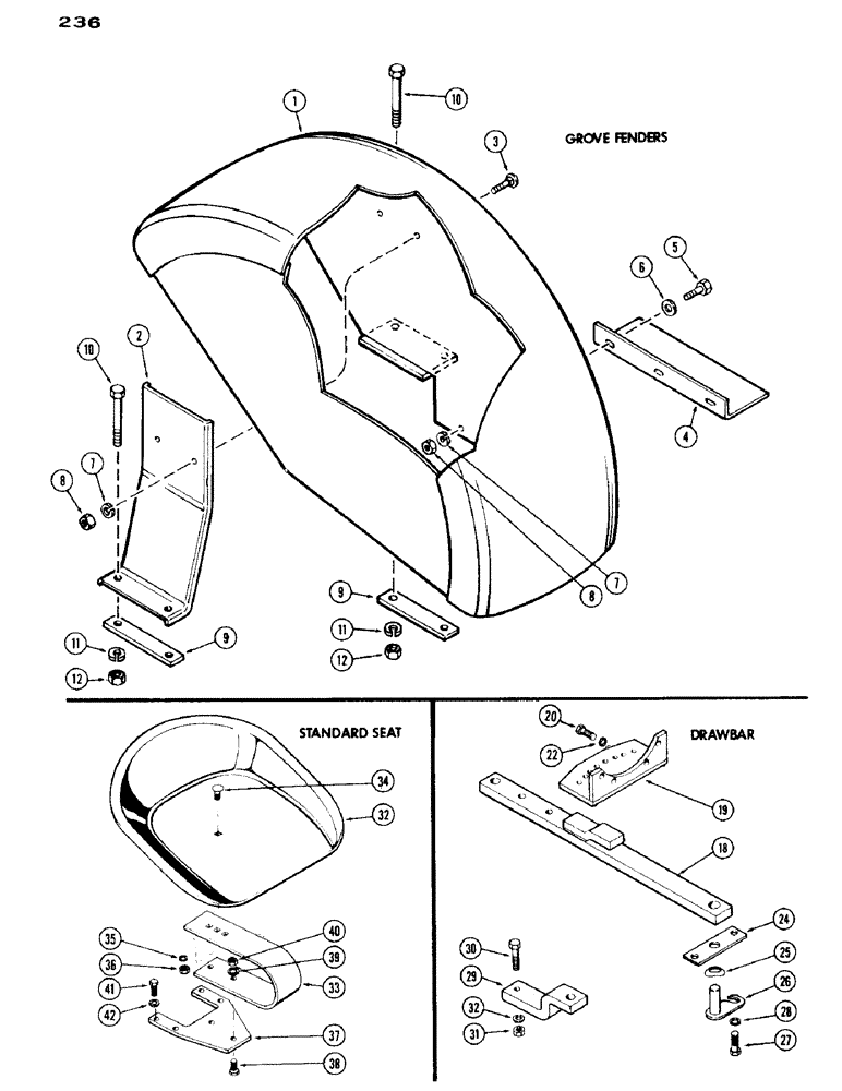 Схема запчастей Case IH 430 - (236) - GROOVE FENDERS, DRAWBAR, AND 430 SERIES STANDARD SEAT (09) - CHASSIS