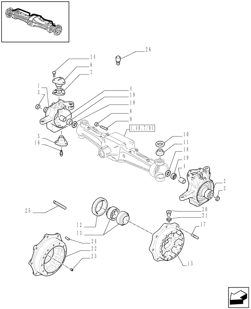 Схема запчастей Case IH MAXXUM 115 - (1.40. 7/02[01]) - (CL.4) FRONT AXLE W/MULTI-PLATE DIFF. LOCK, ST. SENSOR AND BRAKES - STEERING AXLES AND HUBS - C6683 (VAR.330426) (04) - FRONT AXLE & STEERING