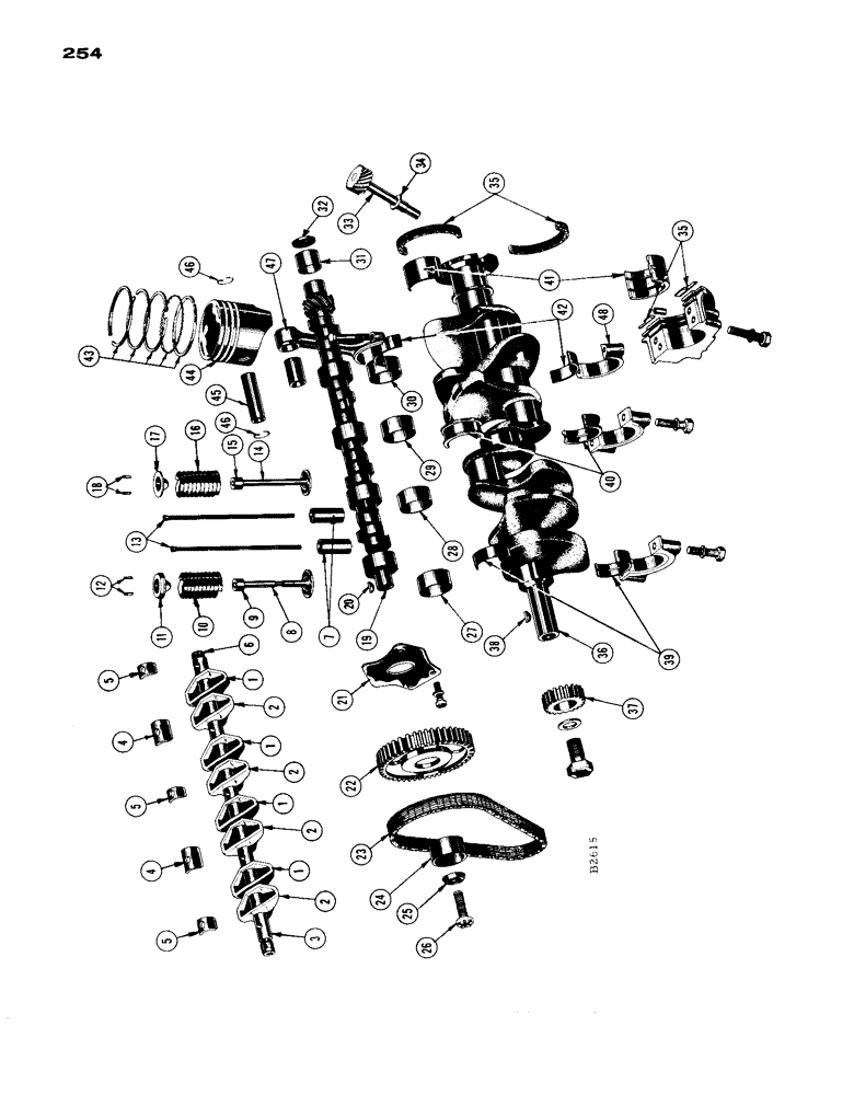 Схема запчастей Case IH 1660 - (254) - ROCKER ASSEMBLIES AND VALVES, CAMSHAFT, CRANKSHAFT, PISTONS, RINGS AND CONNECTOR RODS (10) - ENGINE