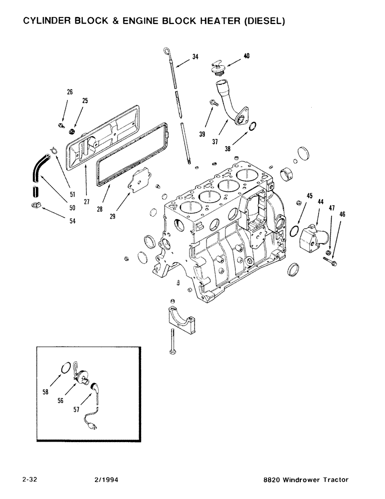 Схема запчастей Case IH 8820 - (2-32) - CYLINDER BLOCK & ENGINE BLOCK HEATER DIESEL, ENGINE SERIAL NUMBER 44559664 AND AFTER, 4-390 ENGINE (02) - ENGINE