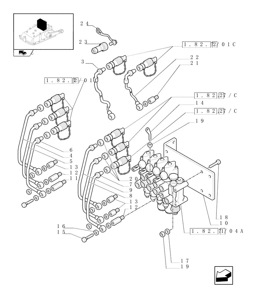 Схема запчастей Case IH FARMALL 60 - (1.82.7/04[01]) - 3 CONTROL VALVES - CONTROL VALVES AND QUICK COUPLINGS (VAR.335054-335085-335103) (07) - HYDRAULIC SYSTEM