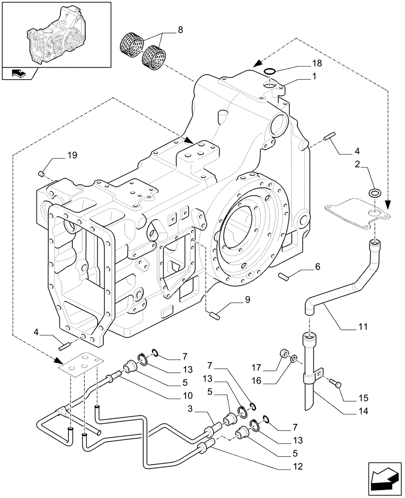 Схема запчастей Case IH PUMA 125 - (1.21.0[02]) - TRANSMISSION 18X6 OR 19X6 - REAR AXLE HOUSING AND INNER PIPES (03) - TRANSMISSION