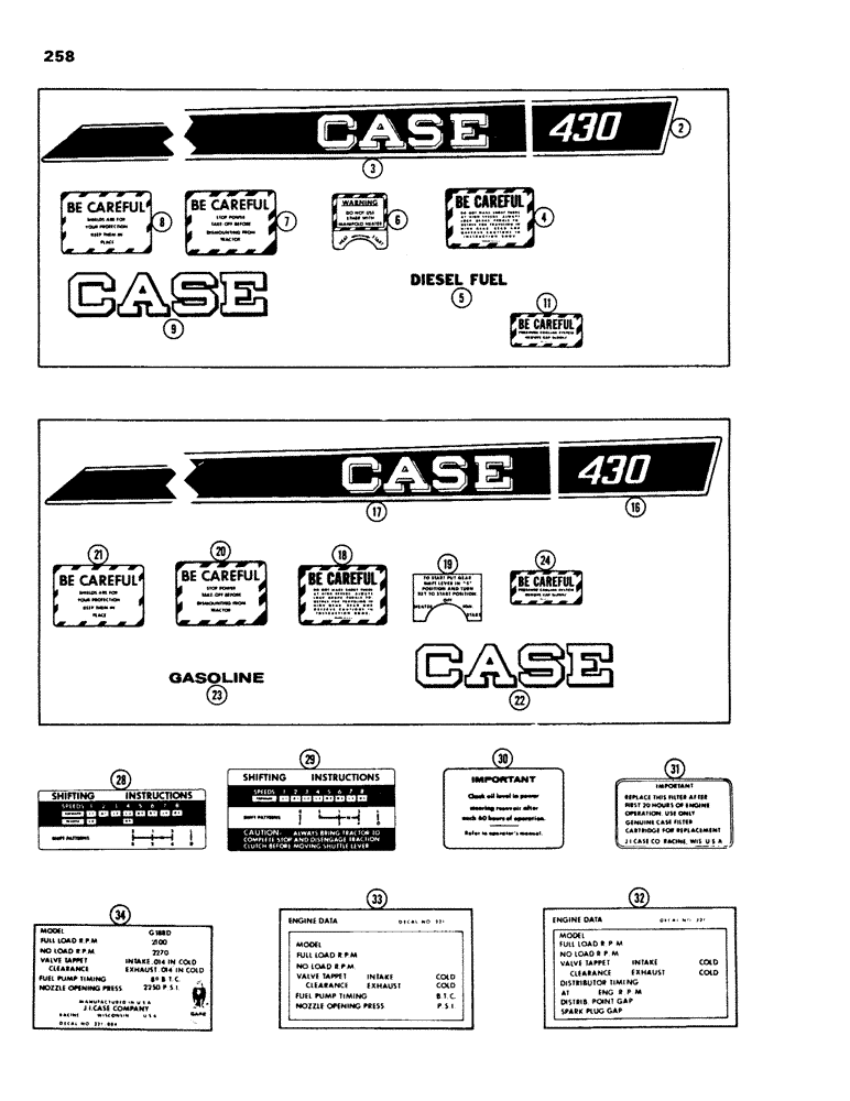 Схема запчастей Case IH 430 - (258) - 430 DECALS, 1ST USED TRAC. SER. NO. 8347504, DIESEL ENGINE (09) - CHASSIS/ATTACHMENTS