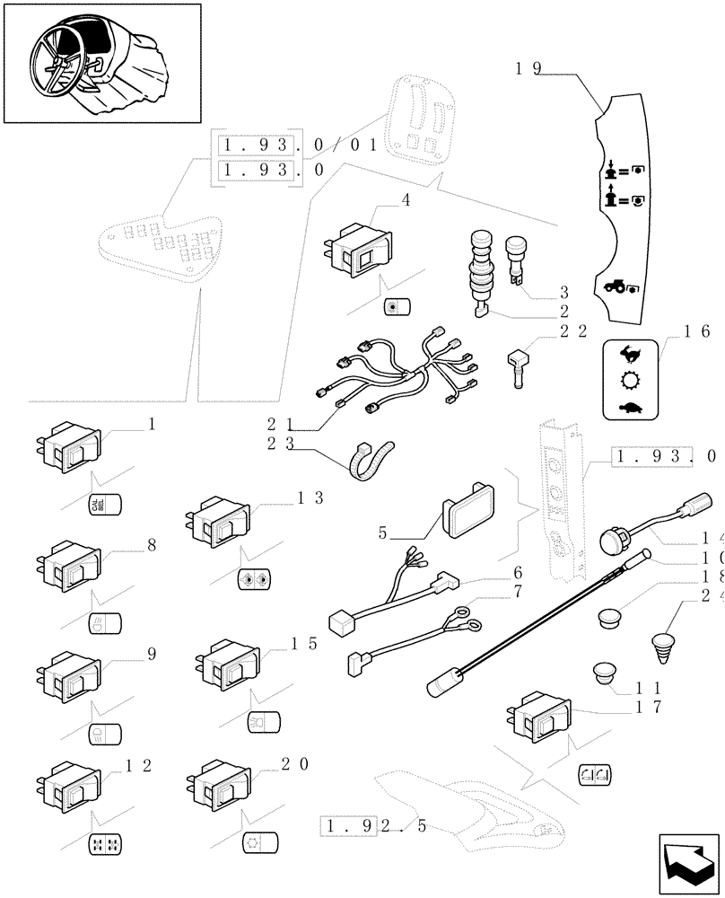 Схема запчастей Case IH MAXXUM 130 - (1.91.1[01]) - SWITCH AND RELATED PARTS (10) - OPERATORS PLATFORM/CAB