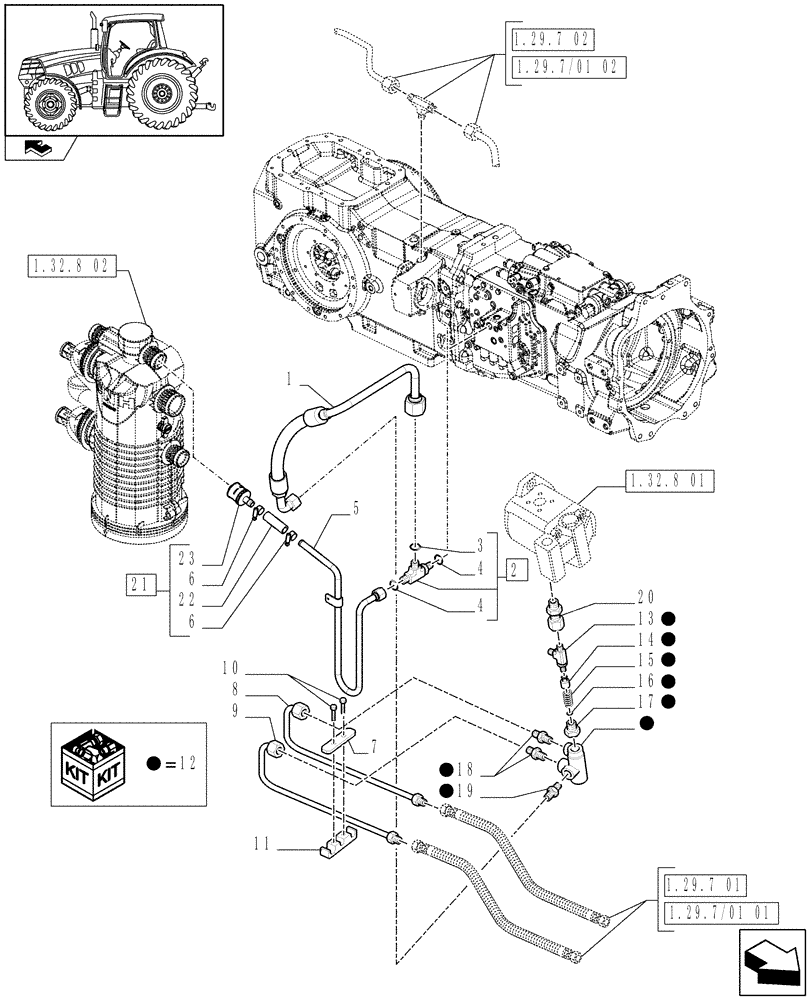 Схема запчастей Case IH MAXXUM 115 - (1.29.7/01[03A]) - BY-PASS VALVE, LUBRICATION AND TRANSMISSION OIL COLER PIPES - D7070 (03) - TRANSMISSION