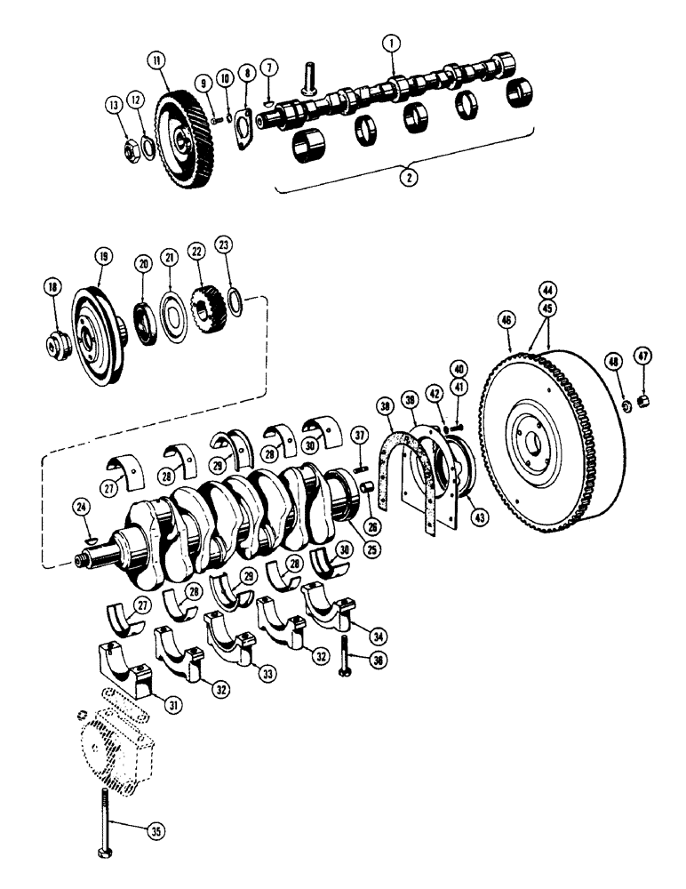 Схема запчастей Case IH 430 - (084) - CAMSHAFT, CRANKSHAFT AND FLYWHEEL, 430 AND 530 SERIES, 188 DIESEL ENGINE (02) - ENGINE