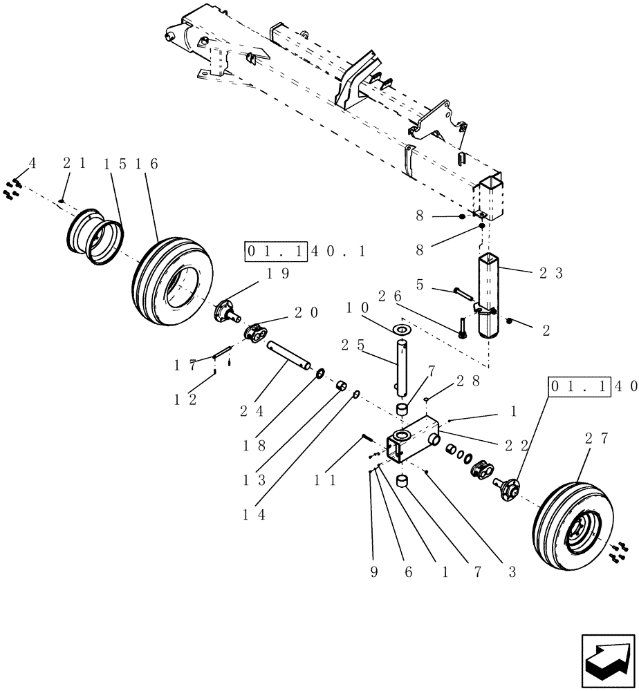 Схема запчастей Case IH ATX700 - (01.130.1) - BEAM, OUTER WING CASTER AND TIRES (12) - FRAME