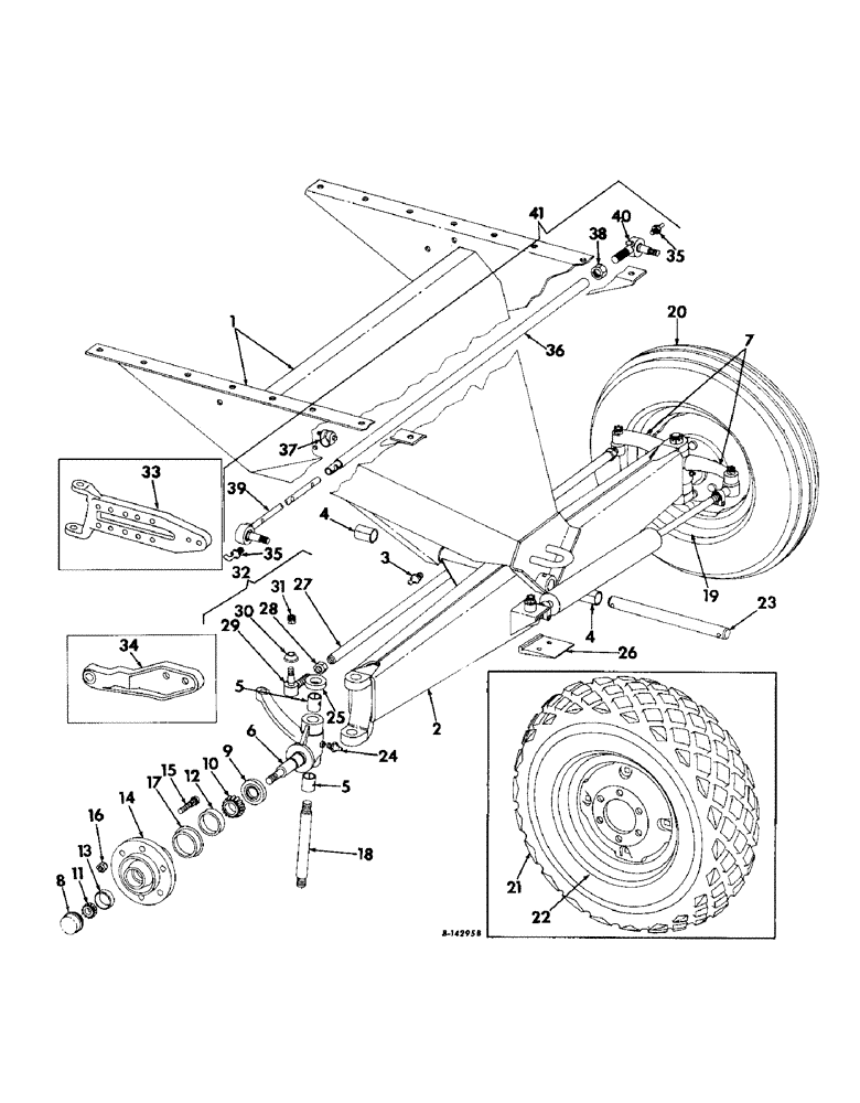 Схема запчастей Case IH 503 - (129) - GUIDE WHEEL AXLE, SUPPORT, RIM DISC, TIRE, AND TUBE, RICE SERIAL NO. 2431 AND ABOVE (27) - REAR AXLE SYSTEM