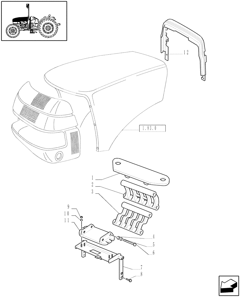 Схема запчастей Case IH JX1070C - (1.83.0/01) - (VAR.105) NOISE REDUCTION PACKAGE - HOODS (08) - SHEET METAL