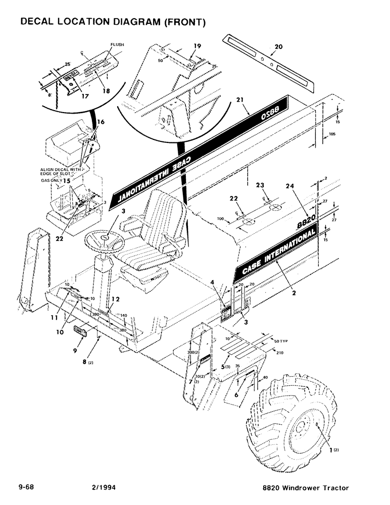 Схема запчастей Case IH 8820 - (9-68) - DECAL LOCATION DIAGRAM, FRONT (09) - CHASSIS/ATTACHMENTS