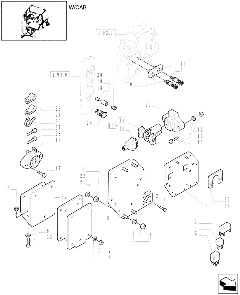 Схема запчастей Case IH MXU110 - (1.91.4[09]) - SUPPORT FOR RELAY BOX, RELAY, POWER SOCKET AND SWITCHES (10) - OPERATORS PLATFORM/CAB