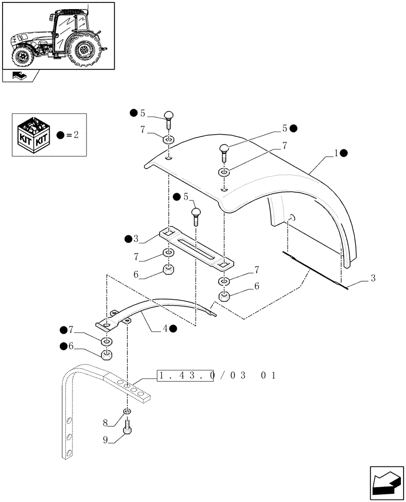 Схема запчастей Case IH FARMALL 75N - (1.43.0/03[02]) - DYNAMIC FRONT FENDERS (310MM, 4WD) - FENDERS AND BRACKETS (VAR.335485 / 743533) (04) - FRONT AXLE & STEERING