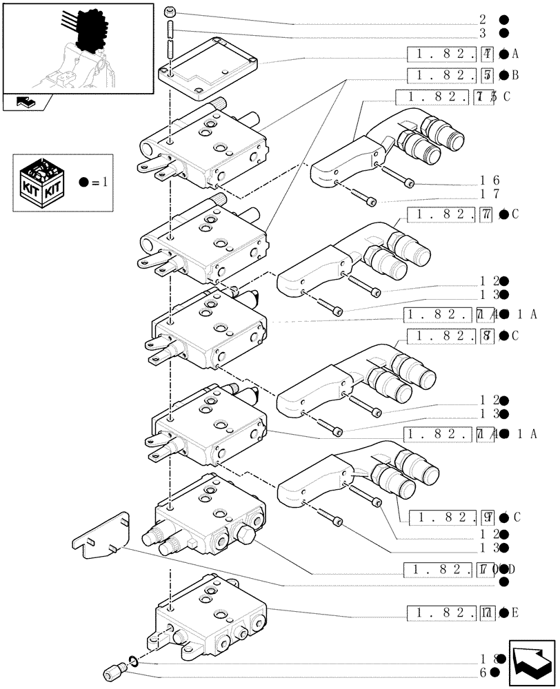 Схема запчастей Case IH PUMA 125 - (1.82.7/03[02]) - 4 MECHANICAL REAR REMOTE CONTROL VALVES - VALVE SECTION AND QUICK COUPLERS (VAR.333845) (07) - HYDRAULIC SYSTEM