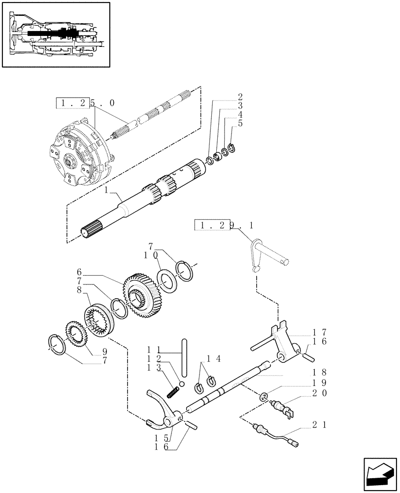 Схема запчастей Case IH JX1075N - (1.28.1/01) - (VAR.111/1) CREEPER TRANSMISSION 28X16 (30KM/H) - CLUTCH SHAFT (03) - TRANSMISSION