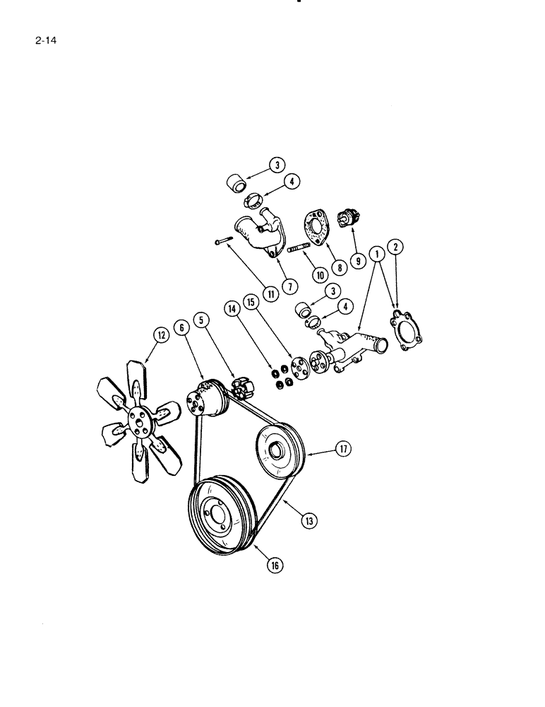 Схема запчастей Case IH 4000 - (2-14) - FAN AND WATER PUMP, C-232 GAS ENGINE PRIOR TO P.I.N. 4595, C-258 GAS ENGINE P.I.N. 4595 THROUGH 6004 (02) - ENGINE