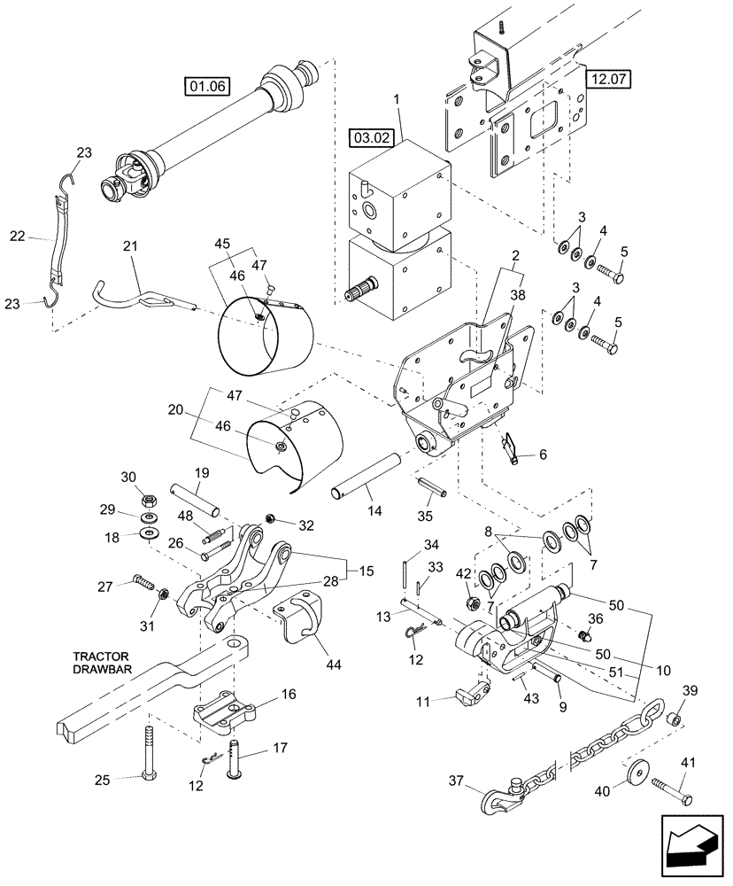 Схема запчастей Case IH DC132 - (12.01) - DRAWBAR SWIVEL HITCH & SAFETY CHAIN (12) - MAIN FRAME