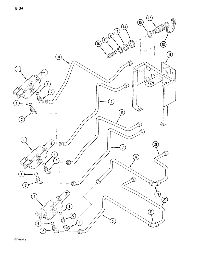 Схема запчастей Case IH 995 - (8-34) - REMOTE AUXILIARY VALVES, FIRST, SECOND AND THIRD BANK TUBES AND COUPLINGS, WITH CAB (08) - HYDRAULICS