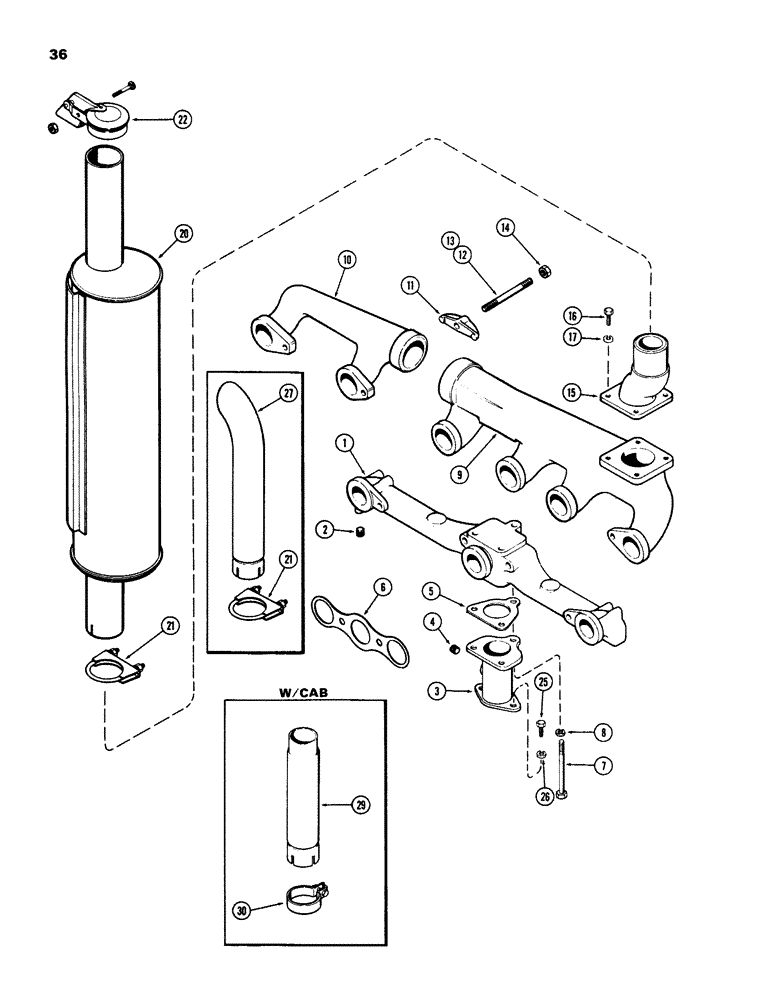 Схема запчастей Case IH 970 - (036) - MANIFOLD AND MUFFLER, (377B) SPARK IGNITION ENGINE (02) - ENGINE