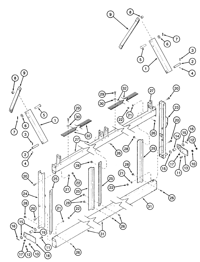 Схема запчастей Case IH 2155 - (9D-23A) - BASKET DOOR, ARMS, CHANNELS AND STRUTS, 4 ROW WIDE AND 5 ROW NARROW, P.I.N. JJC0156230 AND AFTER (16) - BASKET