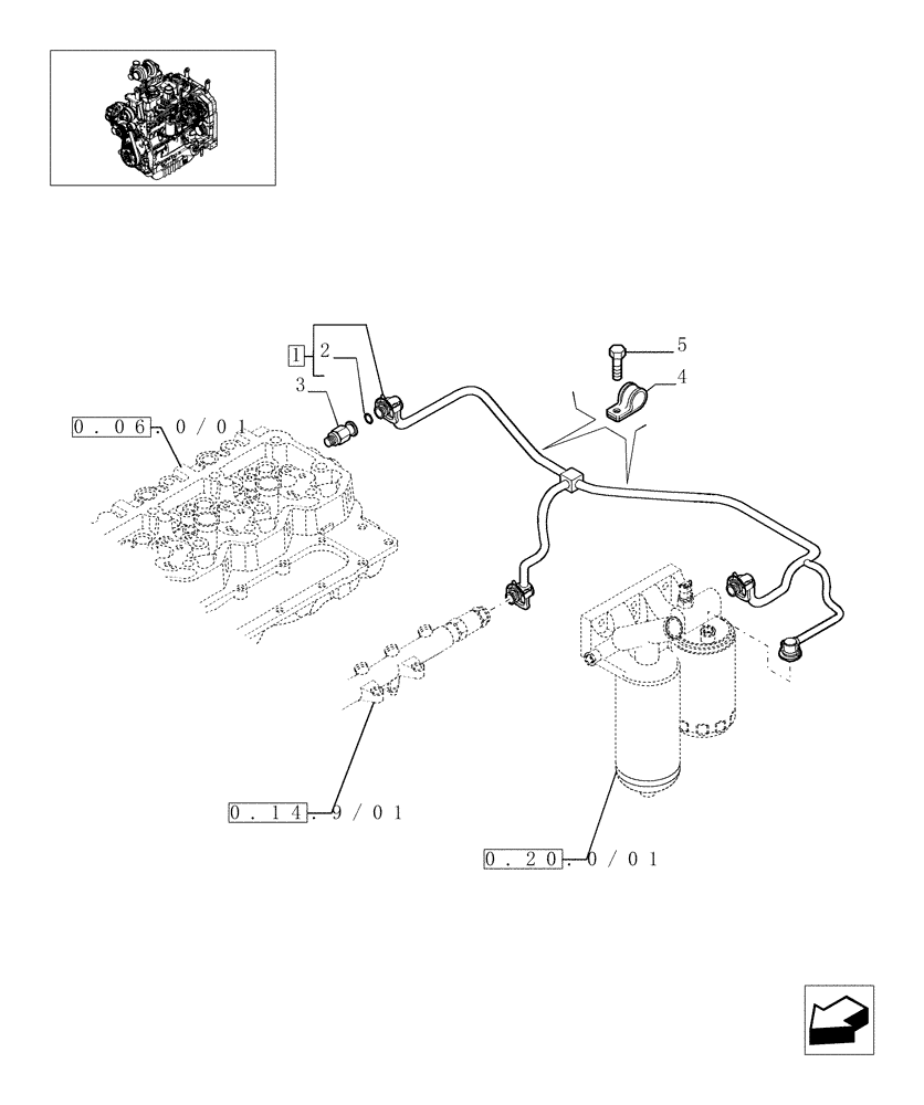 Схема запчастей Case IH MAXXUM 130 - (0.20.4/01) - INJECTION EQUIPMENT - PIPING (STD + VAR.330003-332115-332116) (01) - ENGINE