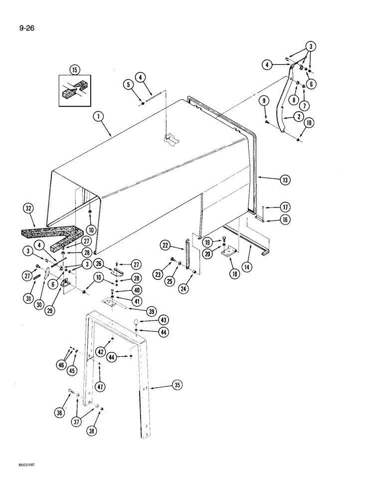 Схема запчастей Case IH 9210 - (9-026) - HOOD AND REAR SUPPORT, WITH TWO PIECE HOOD LATCH AT REAR HOOD SUPPORT (09) - CHASSIS/ATTACHMENTS