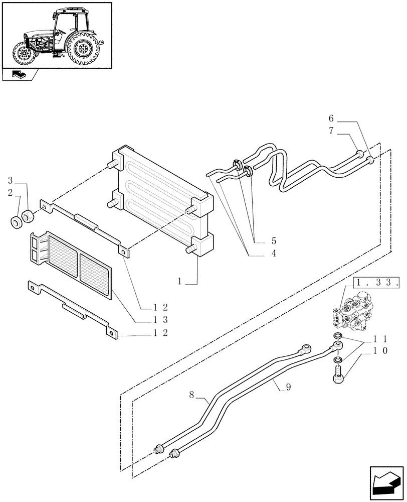 Схема запчастей Case IH FARMALL 65C - (1.27.7[01]) - MEGA FLOW PUMP (62 L/MIN) AND OIL COOLER - RADIATOR & PIPES (VAR.330823-332823) (03) - TRANSMISSION