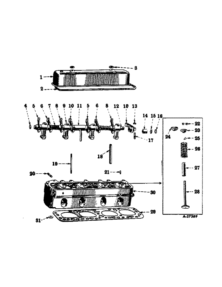 Схема запчастей Case IH 450-SERIES - (012) - CARBURETED ENGINE, CYLINDER HEAD, VALVE COVER, VALVES AND VALVE LEVERS (01) - ENGINE