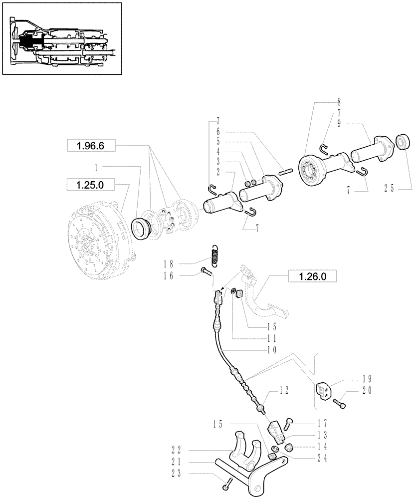 Схема запчастей Case IH JX100U - (1.26.2) - FRICTION CLUTCH CONTROL, COUPLING FORK, LEVERS & TIE-RODS (03) - TRANSMISSION