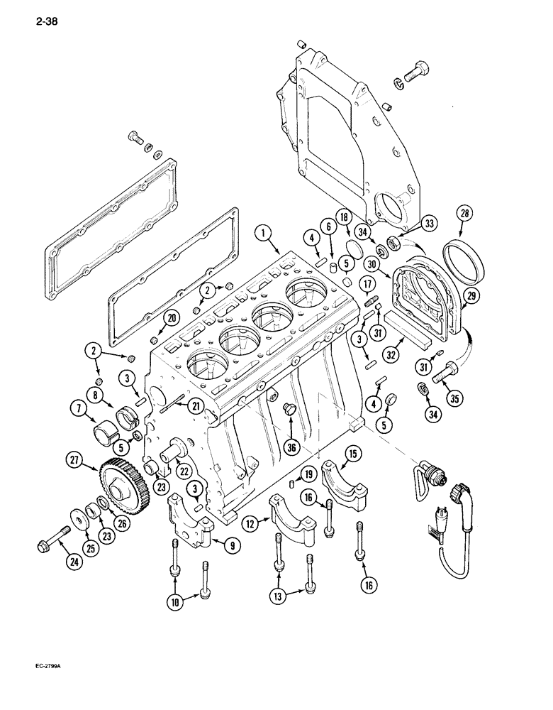 Схема запчастей Case IH 995 - (2-38) - CYLINDER BLOCK, SIDE COVER AND FLYWHEEL HOUSING (02) - ENGINE