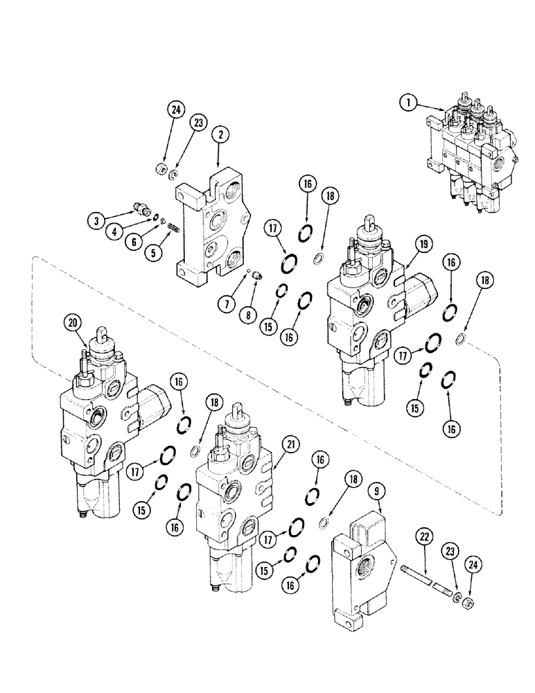 Схема запчастей Case IH 2394 - (8-070) - REMOTE HYDRAULIC VALVE, THREE SECTION, W/ LOAD CHECK ON FIRST & SECOND SECTIONS - 1986843C1 (08) - HYDRAULICS